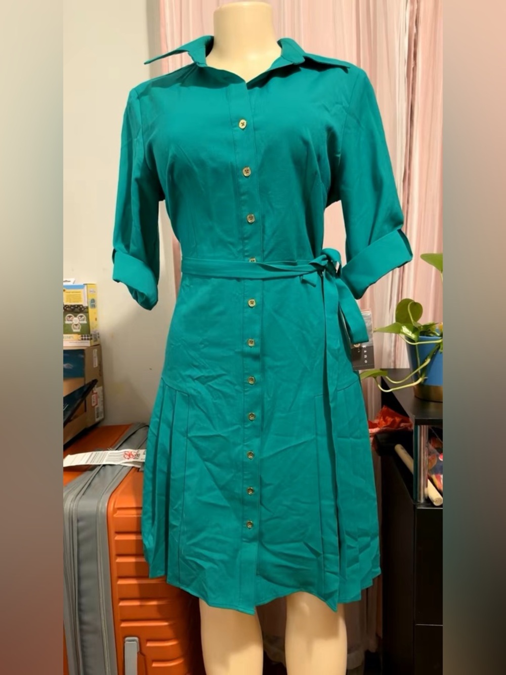 Teal Button-Front Shirt Dress with Tie Waist